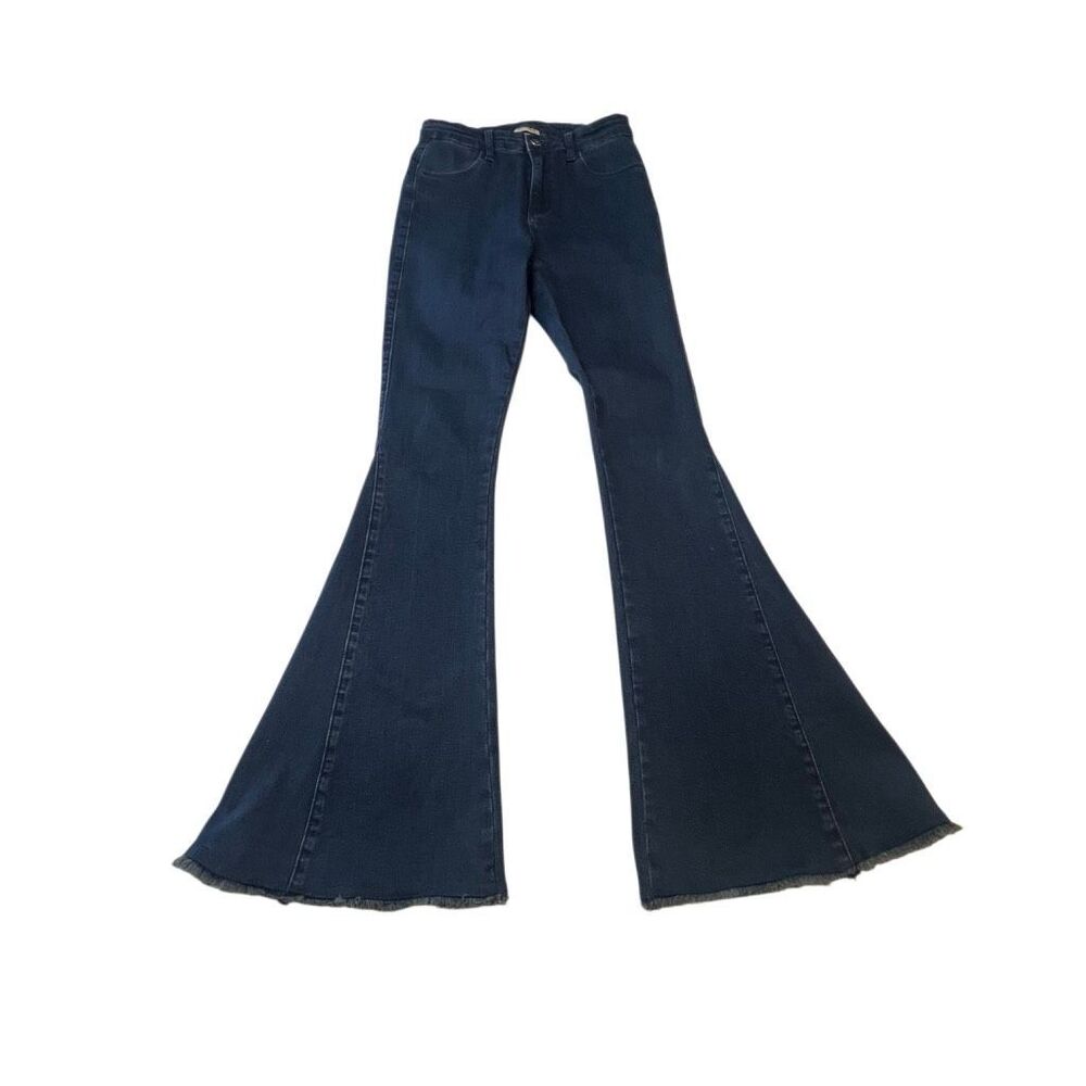 Three Bird Nest Women's Frayed Hem Super Flared Jeans Dark Blue Wash Size Large